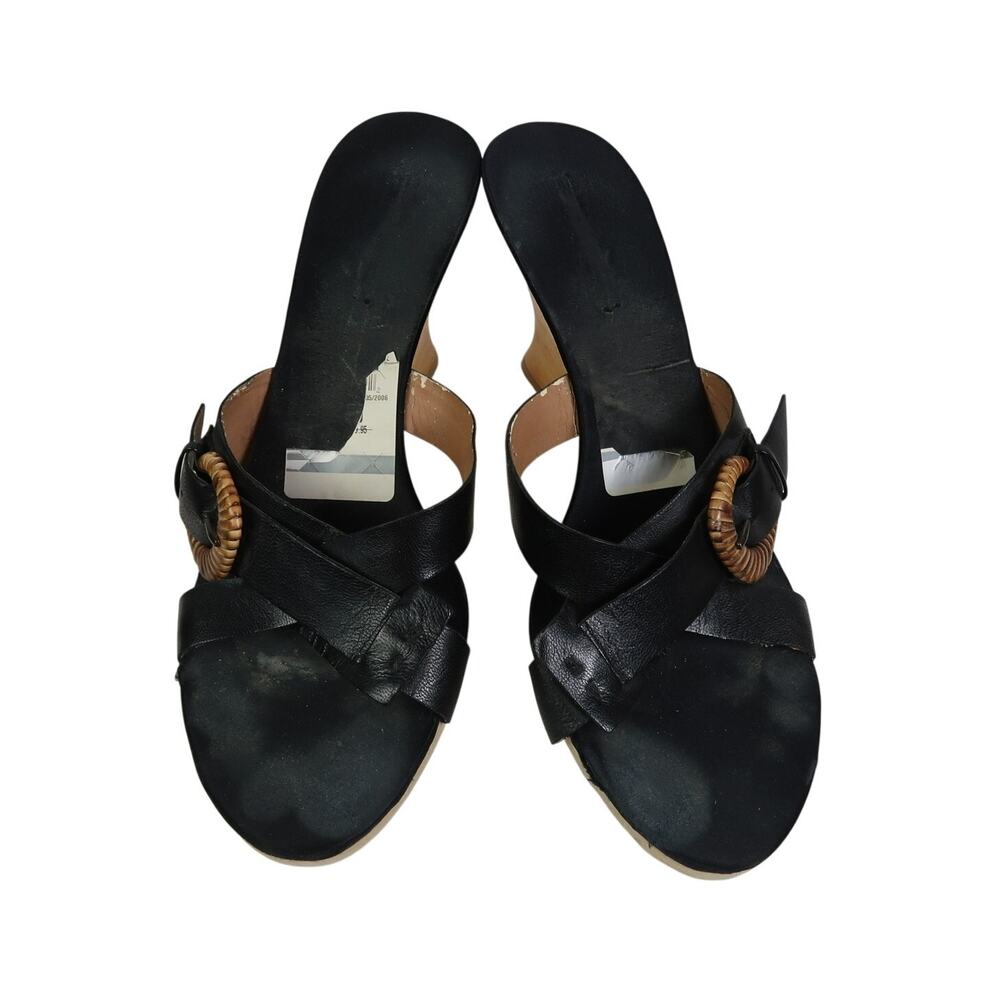 Vintage Y2K Black Leather Wedge Mule Sandals Heels 10 - Picture 2 of 7